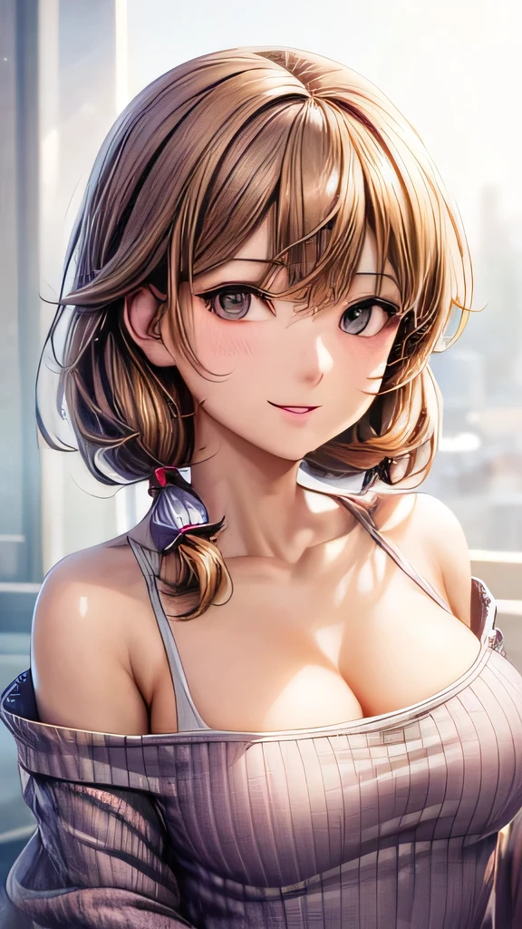 (masterpiece:1.3), (8k, Photorealistic, RAW Photos, Best image quality: 1.4), Japanese schoolgirl、(Random Hairstyles:1.2)、Cleavage:1.2、Super detailed face、Attention to detail、double eyelid、Put your chest together、Sharp focus:1.2、Beautiful woman:1.4、Light brown hair、Highest quality、masterpiece、Ultra-high resolution、(Photorealistic:1.4)、Highly detailed and professionally lit smile、Loose, lightweight knitwear、Shoulder out、thin、A happy smile,downblouse,