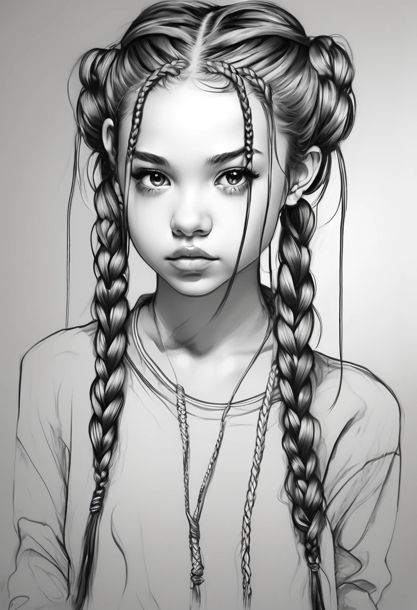 detailed, top quality, top quality, surreal, graffiti style sketch, lines and contours of people, cute young girl, from front, head to shoulder pose, girl with braids, long eyelashes, innocent look, masterpiece
