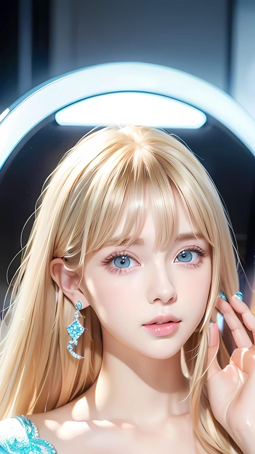 Blonde beautiful girl、Very beautiful, large, bright, pale blue eyes、Very big eyes、Gloss Face、Extremely white skin、Glowing Skin、Cheek gloss、Very pretty and beautiful super long blonde hair、Ample Bust、Beautiful bangs between the eyes、Small Face Beauty、Very big eyes、round face、Double eyelids、Cheek Liner