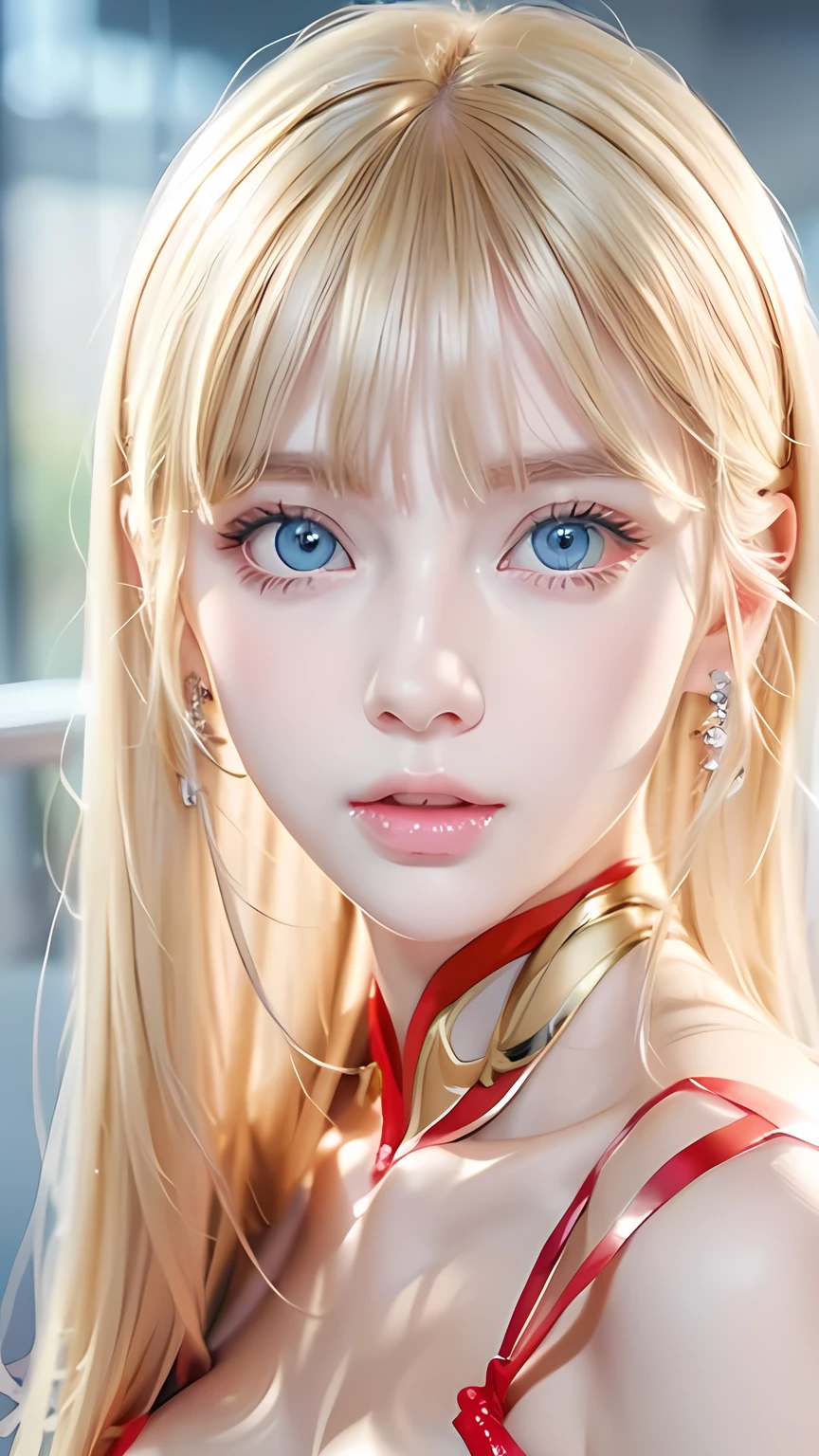 Blonde beautiful girl、Very beautiful, large, bright, pale blue eyes、Very big eyes、Gloss Face、Extremely white skin、Glowing Skin、Cheek gloss、Very pretty and beautiful super long blonde hair、Ample Bust、Beautiful bangs between the eyes、Small Face Beauty、Very big eyes、round face、Double eyelids、Cheek Liner