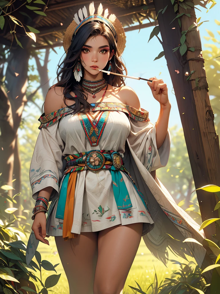 ((high detailed, best quality, 4k, masterpiece, hd:1.3)), ((best quality)), (((HD))), (((8k))), (ultraDH), (ultra HD), a native american woman, in open grassland, wigwam in background, native american headdress, wearing stereotypical feathered native american garb, smoking a peace pipe, gorgeous scenery, colorful saturated art style, (pretty:1.8), (from eye-level:1.4), (slender female:1.3), (feminine body:1.4), (beautiful face:1.6), (breasts focus), (from front:1.3), (shoulders out:1.3), (thighs out:1.3), (breast out:1.3), (off shoulder:1.2), (heavy colorful makeup), (perfect hands, perfect anatomy)