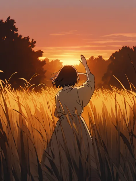 "a heartwarming scene of a girl, around 2, standing in a lush, golden field at sunset. the girl is facing away from the viewer, ...