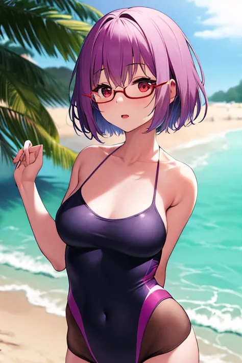 masterpiece, best quality, highres, 1girl, shinjou akane, short hair, small breasts, bangs, red eyes, light purple hair, glasses...