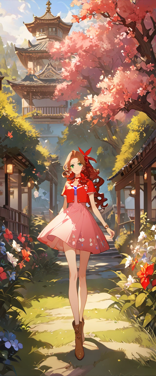 masterpiece, best quality, 8k, 4k, 1girl, aerith gainsborough, brown hair, high middle bang, longer side curly bang, long tight curly ponytail, green eyes, red hair ribbon, red bolero jacket, short sleeve jacket, cropped jacket, black tie choker, long pink straight dress, brown boots, bangles, walking in a garden, flowers, detailed background,, inspired by Asukaziye artist : ask, art style : ask