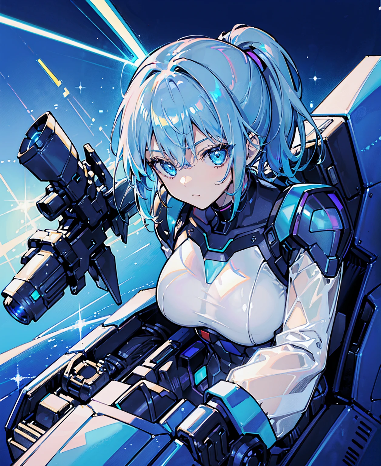 ((Holographic glow effect))、Blue Hair、Masterpiece、Best Quality、1 person、Medium breast、((Album cover))、Light on Face、Slim Body、Blue Costume、Exoskeleton、metal Gear、Cyberpunk Style、ponytail、The Gundam pilot、attention arousal，Ride a fighter