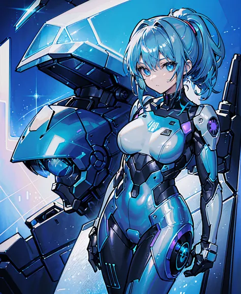 ((Holographic glow effect))、Blue Hair、Masterpiece、Best Quality、1 person、Medium breast、((Album cover))、Light on Face、Slim Body、Blue Costume、Exoskeleton、metal Gear、Cyberpunk Style、ponytail、The Gundam pilot、attention arousal，Ride a fighter