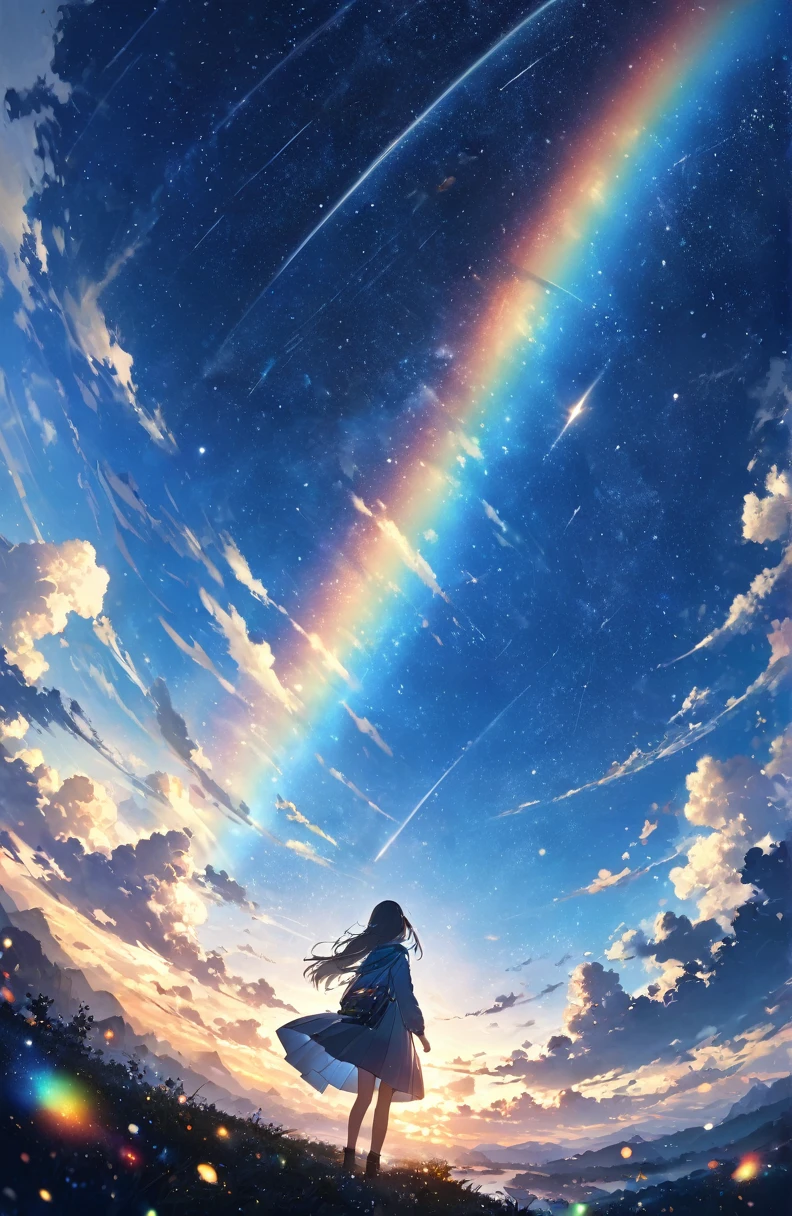 ((Amazingly absurd)),(masterpiece:1.2),超High resolution, Attention to detail, high quality, High resolution, 最high quality, 4K, 8k、so beautiful、landscape、landscape画、Endless blue sky、A rainbow appears、Countless meteor showers、Girl looking up at the sky,rainbow、Big planet in the sky