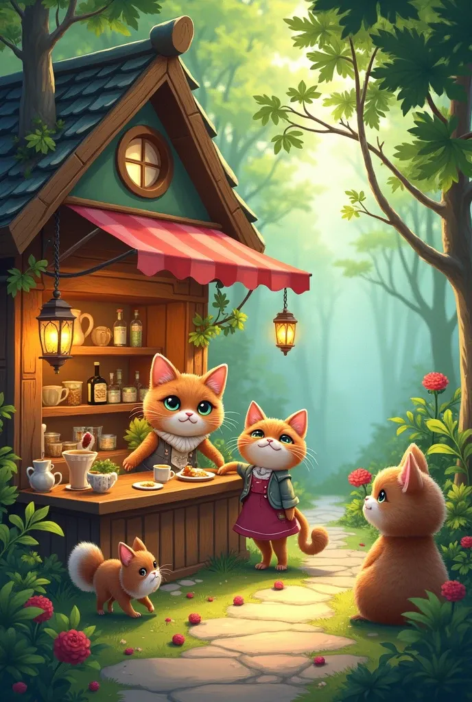 A cafe where forest animals gather, animation, unrealistic, heartwarming atmosphere, bright forest, the cafe interior lit by lanterns, the cafe owner is a Pallas's cat, the animals that gather as customers are various kinds of animals and birds, colorful tones, soft touch, painterly, comical drawing,