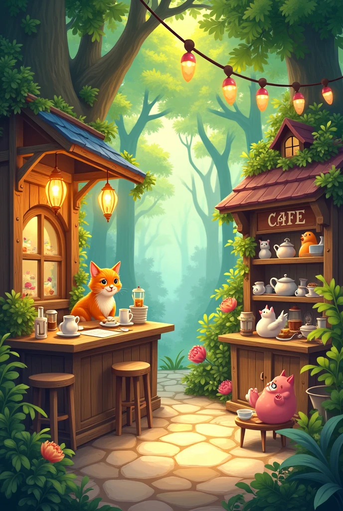 A cafe where forest animals gather, animation, unrealistic, heartwarming atmosphere, bright forest, the cafe interior lit by lanterns, the cafe owner is a Pallas's cat, the animals that gather as customers are various kinds of animals and birds, colorful tones, soft touch, painterly, comical drawing,