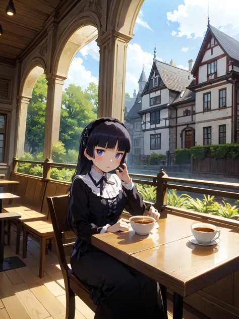 a cafe surrounded by greenery, outdoor terrace, ((ruri gokou)), girl, alone, hime cut, gothic & lolita fashion, lolita fashion, ...