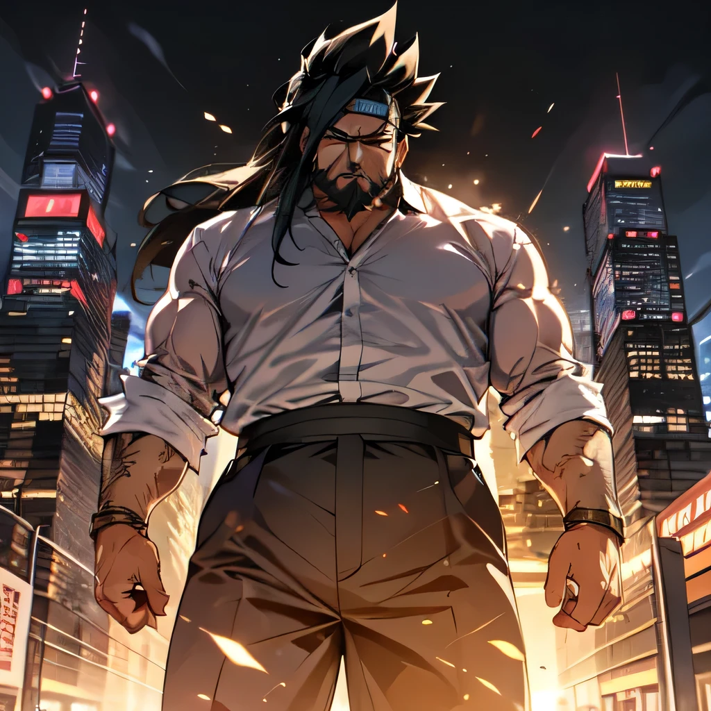 Male solo images、White shirt、A slightly overweight man,bandana、Long black hair、beard、Super Saiyan Akihabara cityscape background