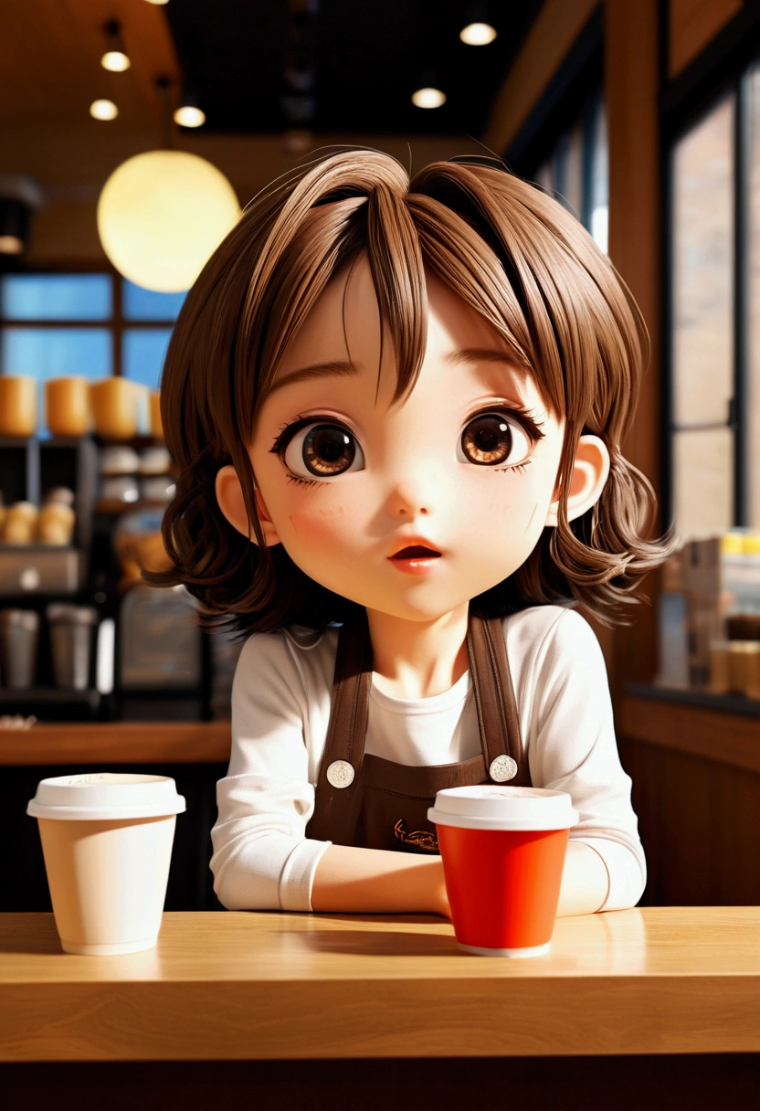 In a coffee shop, customers, Chibi anime art style, cute and exaggerated characters, large heads and small bodies, expressive facial features, playful and whimsical, popular in manga and anime fandoms. Beautiful cinematic lighting, surreal, color graded, dynamic movement, captivating chiaroscuro, full body, award-winning, cinematic still, emotional, vignette, dynamic, vivid, (masterpiece, best quality, photorealistic, Professional, perfect composition, very aesthetic, absurdres, ultra-detailed, intricate details:1.3)