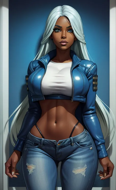 brazilian ebony girl, tenebrosa. ela usa um short jeans, white top, blue leather jacket.long straight yellow hair. busty. most b...