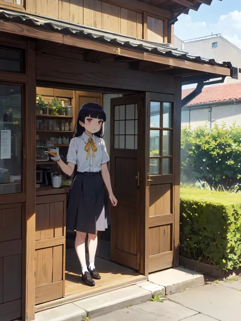 a cafe surrounded by greenery, ((ruri gokou)), girl, alone, hime cut, black socks, short sleeve, grey skirt, hime cut, push into...