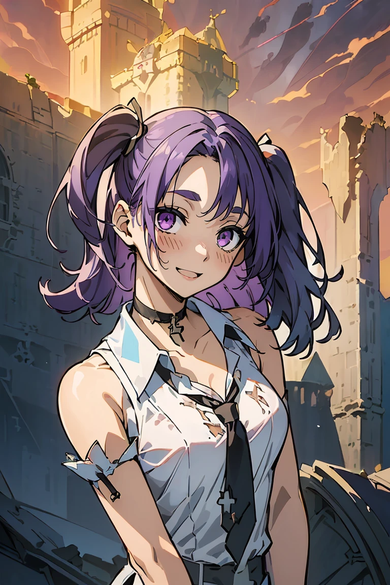 (masterpiece:1.2), (high quality:1.2), reo mikage, blue lock, girls with((1girl, solo, purple hair, (medium hair, right swept bangs, one side up:1.55), bare shoulder, blush, breasts, choker, cleavage, cowboy shot, collar, collarbone, rosary, cross, white clothes, blouse, white dress, sleeveless, collared shirt, collarbone, necktie, upper body, background with((fantasy world, ruin, castle, beautiful sky, shining sky, sunshine:1.35))