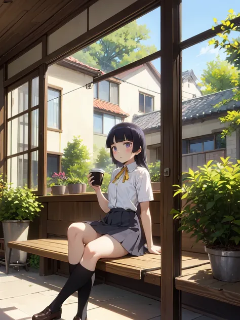 a cafe surrounded by greenery, outdoor terrace, ((ruri gokou)), girl, alone, hime cut, black socks, short sleeve, grey skirt, hi...