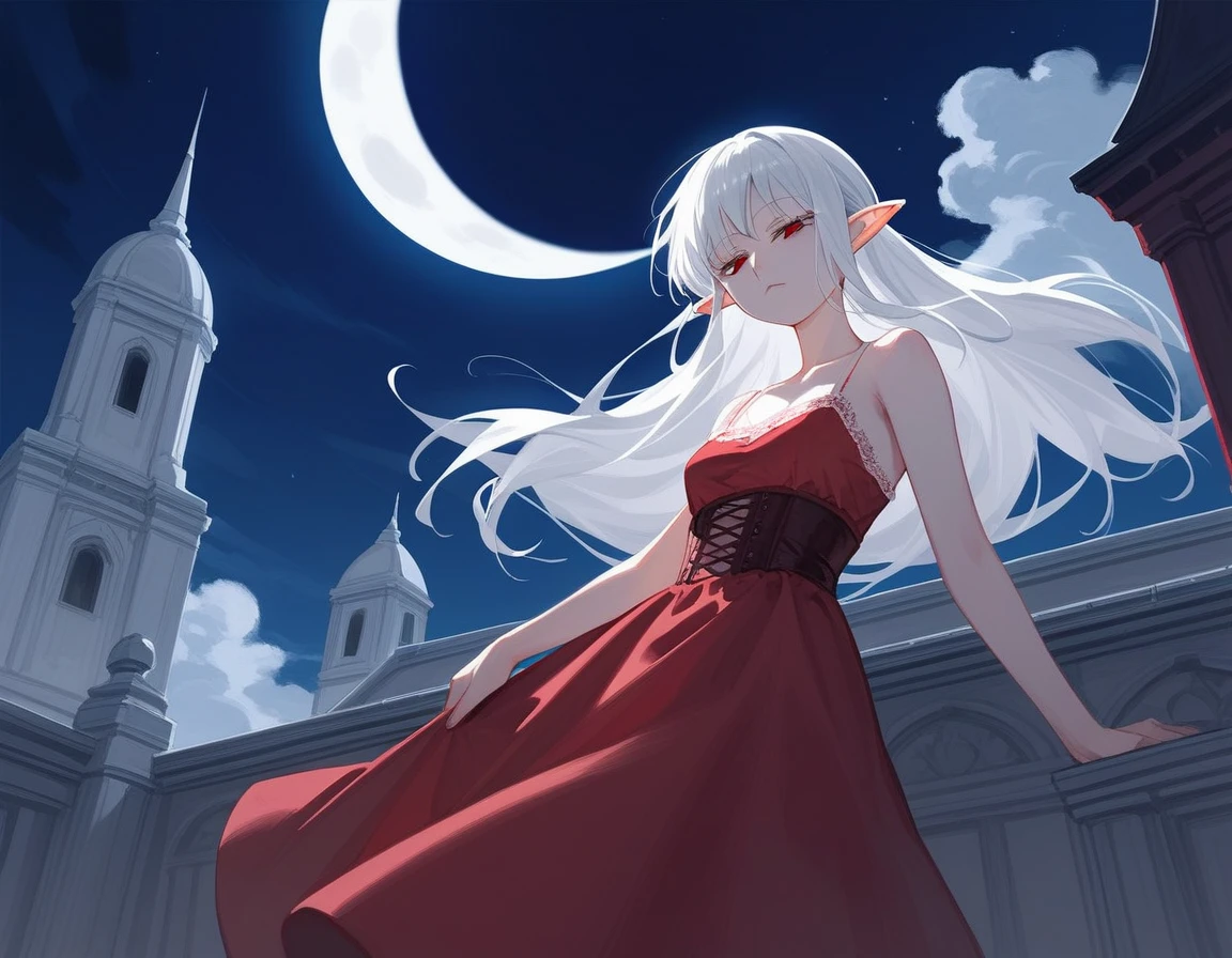 (1girl, solo), dutch angle, dynamic angle, Diabolical, Ruined palace, Gloomy painting style，
Anime Girls, white hair, elf ears, half closed eyes, red eye, White long camisole, albino, 
red full moon, night sky, facing viewer, red western style luxury mansion, night, red moonlight, 
Score_9,Score_8,score_7_up,source_anime, rating_questionable,