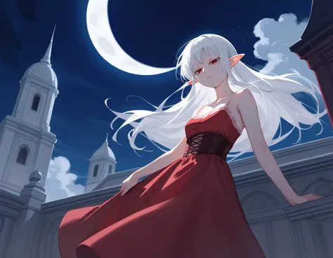 (1girl, solo), dutch angle, dynamic angle, diabolical, ruined palace, gloomy painting style，
anime girls, white hair, elf ears, ...