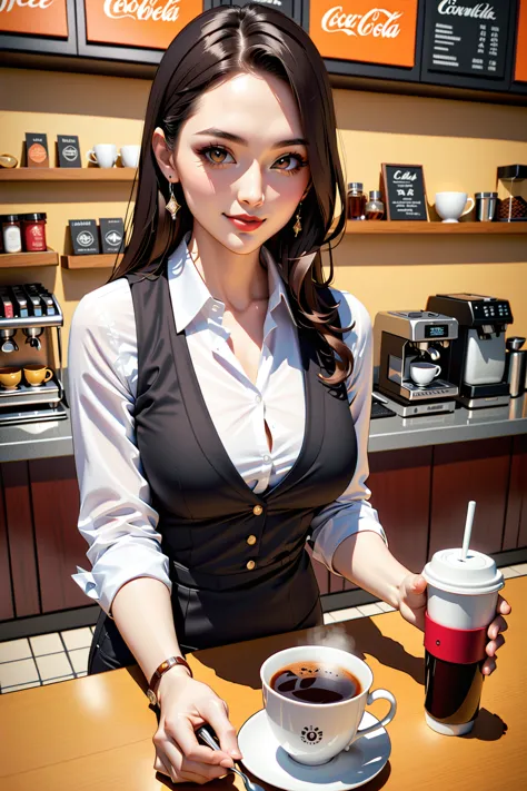 (masterpiece,highest quality),1 adult woman,detailed face,shadow,8k,barista, coffee shop retro, black vest, white shirt, tight b...