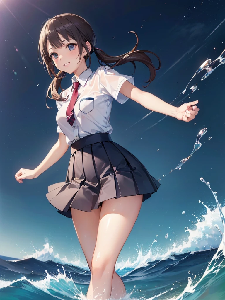 (16K,Ultra-high resolution,Highest quality,masterpiece,Very detailed,Extremely clear CG),okitasawa, low twintails,coast before dawn,Starry Sky,sunrise,white shirt, short sleeves, red necktie, blue skirt,((Very detailed顔の特徴:1.3)), ((Beautiful and perfect face,:1.3)) ((Perfect Eyes:1.3)),((Anatomically correct body:1.3)),walking on water,Splashing water effects,Cheerful grin