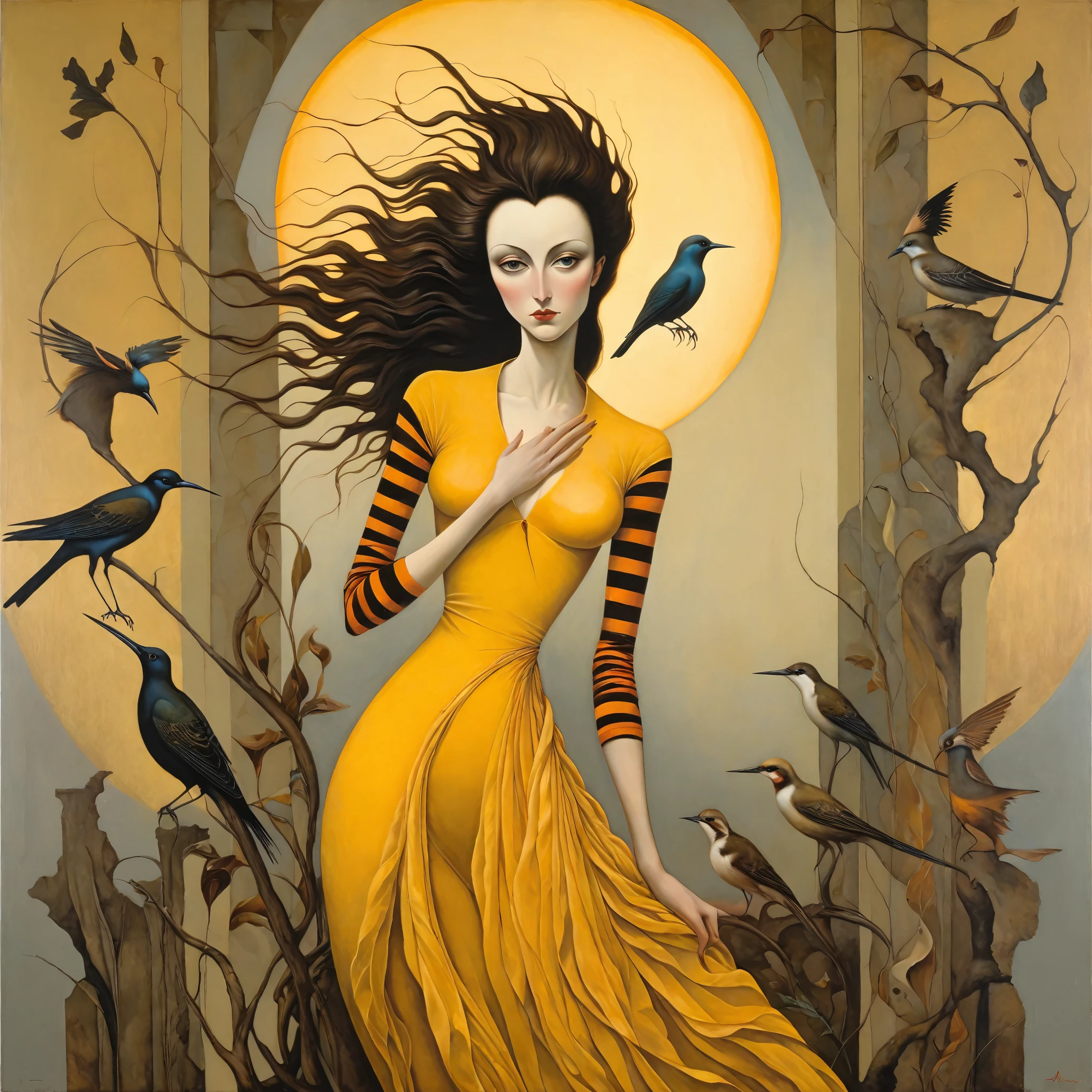 Oil painting, styled by Leonora Carrington, Michael Parkes, Esao Andrews, and Dave McKean, A woman with long, straight brown hair styled in a natural style. She is wearing a bright yellow-orange patterned dress with striped sleeves that accentuate her figure. She stands in a natural pose, with a slight bend in her body, looking straight ahead with a confident and calm expression. Her skin is smooth, with a slight sheen reflecting the soft light. Stylish artistic background consisting of abstract natural elements such as stylized leaves and birds rendered in soft earth tones. The background creates a sense of depth and mystery, with smooth color transitions. The painting conveys a calm and intriguing atmosphere, where even the lighting is evenly distributed, without harsh shadows, creating a sense of harmony and peace. Surrealistic details such as unusual shapes and symbolism. Mythological elements and magical creatures that add a fairytale aspect. Bright, rich colors and textures that create a sense of depth. A combination of different techniques and styles adding a modern touch. The composition is balanced, with an emphasis on the foreground, where the figure of the woman takes center stage and the background texture complements her image.
