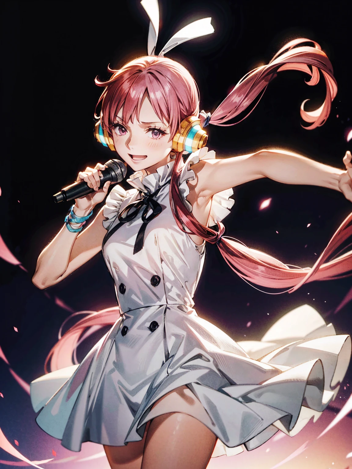 One girl,uta,uta onepiece,Long Hair, Split Color Hair, Redhead, multicoloRedhead, Long Hair, Two-tone hair, Hair Ring, Headphones, Gray Hair, bangs, very Long Hair, Medium chest, White Dress, Black Ribbon,holding a microphone with both hands,microphone,Idol Light,(Pink light),concert,masterpiece,Highly detailed CG Unity 8k wallpaper, Highest quality,32K,Sharpen the focus,A powerful smile、Dynamic Pose
