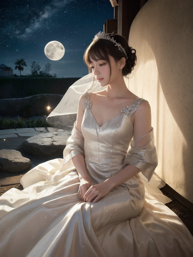 (1 woman), solo, short bob, 2, Japanese, brown eyes, brown hair, slim figure, flat chest, rosy cheeks, flushed face, happy, happiness
Break
Moonlit Whisper

Start with a delicate, flowing white dress adorned with silver and pale gold accents, featuring soft layers that float gently as the girl moves. The dress has a high empire waistline, giving it a graceful, ethereal silhouette. The neckline is adorned with subtle crescent moon embroidery, and the sleeves are loose and flowing, reminiscent of stardust trailing in the night sky. Pair it with lace-up sandals in a soft, silvery hue that wrap delicately around her ankles, adding a touch of whimsy and grounding the outfit.
BREAK
Accessorize with a silver headband featuring small crescent moons and stars, sitting gently atop her loosely tied-up hair. A small, silver moon-shaped pendant rests at her collarbone, and delicate star-shaped earrings add a soft shimmer to her look.

Scene & Setting
The girl stands on a glowing lunar surface, bathed in the gentle light of the full moon, her eyes filled with wonder. She gazes upward, speaking softly to the mythical rabbit living within the moon, her face glowing with curiosity and kindness. Her surroundings are quiet, with faint celestial music in the background, and the stars twinkle softly around her.

Expression & Emotion
Her expression is a mix of excitement and awe as she extends her hand toward the rabbit, her voice carrying gentle whispers of questions and wishes. She smiles softly, as if sharing a secret or forming a bond with the lunar creature. Her eyes shine with the light of the moon, reflecting a moment of pure, dreamlike connection.

Details & Accessories
A small silver bracelet adorns her wrist, and a light dusting of shimmer along her cheekbones mimics the soft glow of the moon. Her makeup is subtle yet luminous, with silvery eyeshadow, a hint of blush, and soft pink lips, adding to the dreamy, otherworldly feel.
BREAK
This outfit and scene captures th