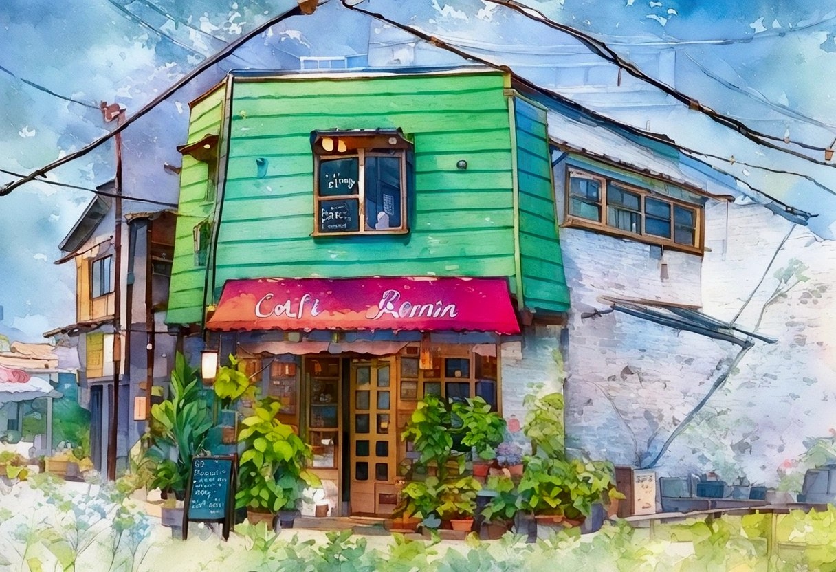 Charming small town cafe, Outdoor view, Quaint and colorful, Green wood look, Magenta Awning "Reuben Cafe" text, There are potted plants all around, Comfortable atmosphere, Clear blue sky, Morning light and soft shadows, Street View, Welcoming Neighborhood Spots.