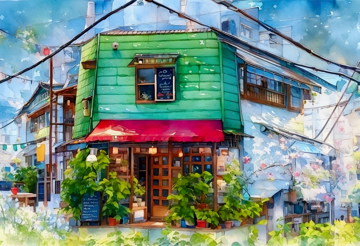 Charming small town cafe, Outdoor view, Quaint and colorful, Green wood look, Magenta Awning "Reuben Cafe" text, There are potted plants all around, Comfortable atmosphere, Clear blue sky, Morning light and soft shadows, Street View, Welcoming Neighborhood Spots.