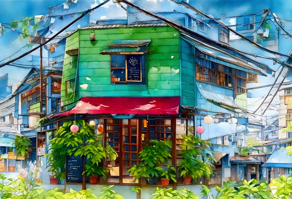 Charming small town cafe, Outdoor view, Quaint and colorful, Green wood look, Magenta Awning "Reuben Cafe" text, There are potted plants all around, Comfortable atmosphere, Clear blue sky, Morning light and soft shadows, Street View, Welcoming Neighborhood Spots.