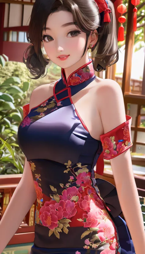 from front　smile　　open your mouth　　exposed shoulders　exposed skin　twin tails　sexy　female brat qipao