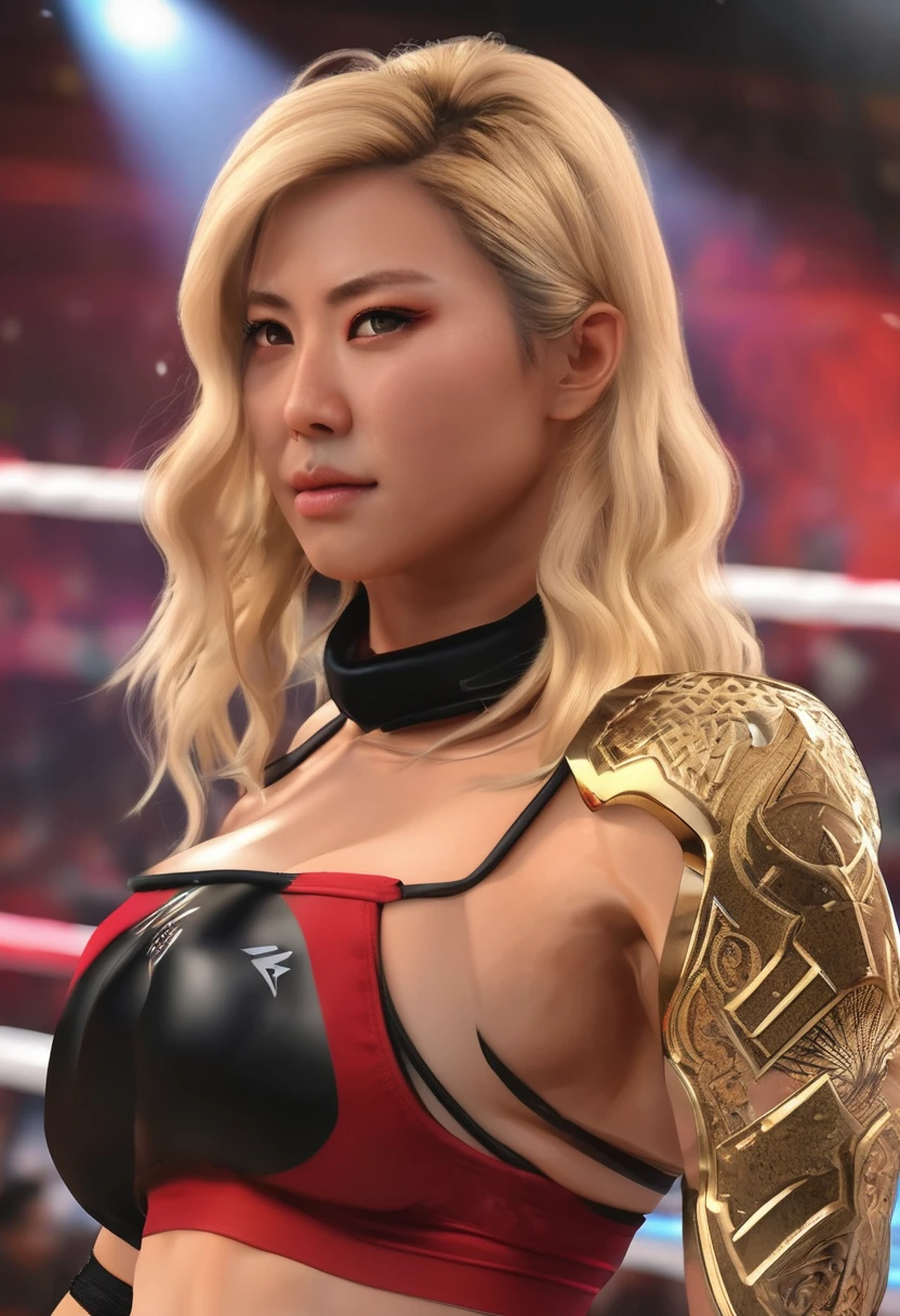 (Highest quality、4K、8k、High resolution、masterpiece:1.2)、Very detailed、(Genuine、Realistic、Realistic:1.37)、Beautiful woman、Mole under the eye、blonde、short hair、undercut、Female wrestler、Improve、fighting sSunburnce、choker、Sunburn、Ecstasy face、Sweat、vapor、Wrestling costumes in the ring