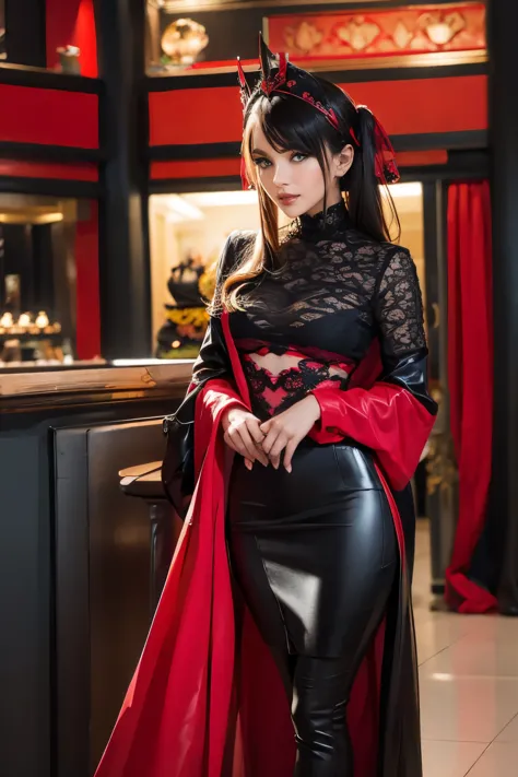 a person wearing detailed things, futuristic red and black outfit with gold accents, complex lace stockings, and a bold headpiec...