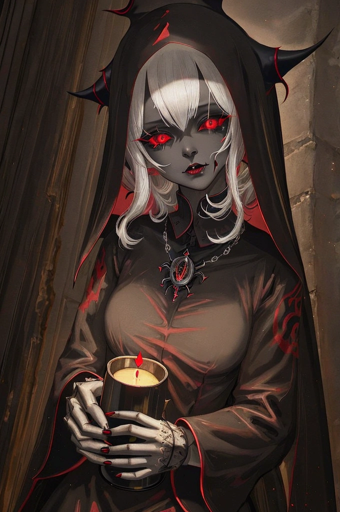 (Sexy Jamaican Gothic Devil Nun), dark, mysterious, Fascinating, Hauntingly beautiful, (Detailed facial features, Brutal painting, Sharp Eye, dark red lips), Tattered flowing robes, Reverse Cross Necklace, Sensual, Fascinatingポーズ, (Candlelight background, Ominous atmosphere), (Highest quality, High resolution, Very detailed), (Gothic art, oil, dark fantasy), (Dramatic lighting, Shadow, Mysterious glow), (black and red color scheme, Strong contrast), (Beautifully constructed, Intricate details), (Evokes a sense of desire and forbidden attraction).