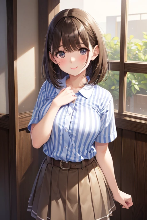 anegasaki nene、Shiny brown hair, short hair, (Beautiful brown eyes、Sparkling eyes, Fine grain)、smile、超Detailed eyes、Highly detailed face, 非常にDetailed eyes,Cowboy Shot、



,masterpiece, 最high quality, 8k, 8k UHD, 超High resolution, 超High resolution, High resolution, shading, 
(high quality, High resolution, The finer details), 
(Standing in a striped shirt and brown skirt.), alone, Adult women, Sparkling eyes, (Detailed eyes:1.2), Natural Makeup, Cute Accessories, smile, blush, Sweat, Oily skin, Soft tones, Shallow depth of field