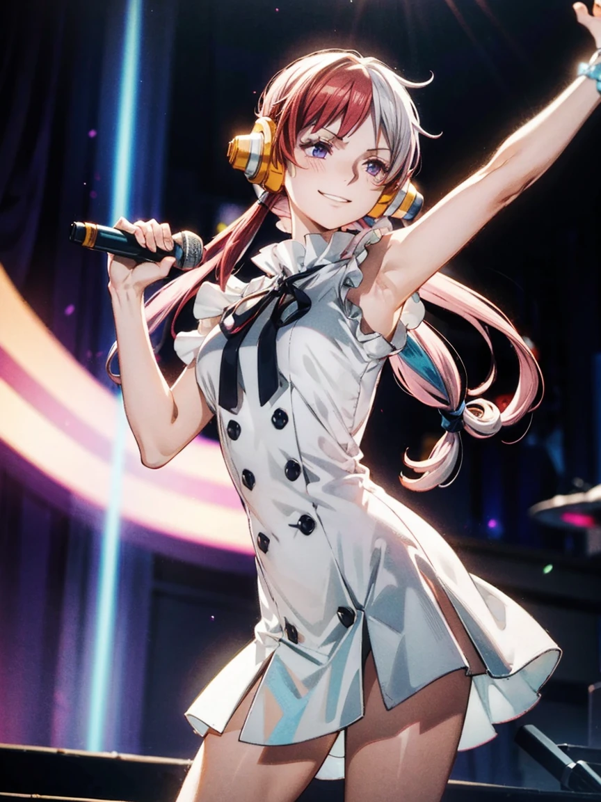 One girl,uta,uta onepiece,Long Hair, Split Color Hair, Redhead, multicoloRedhead, Long Hair, Two-tone hair, Hair Ring, Headphones, Gray Hair, bangs, very Long Hair, Medium chest, White Dress, Black Ribbon,holding a microphone with both hands,microphone,Idol Light,(Pink light),concert,masterpiece,Highly detailed CG Unity 8k wallpaper, Highest quality,32K,Sharpen the focus,A powerful smile、Dynamic Pose
