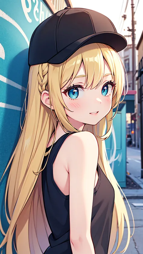 a young anime woman with long blonde hair in braids, wearing a teal hoodie, white tank top, and a black baseball cap, standing i...