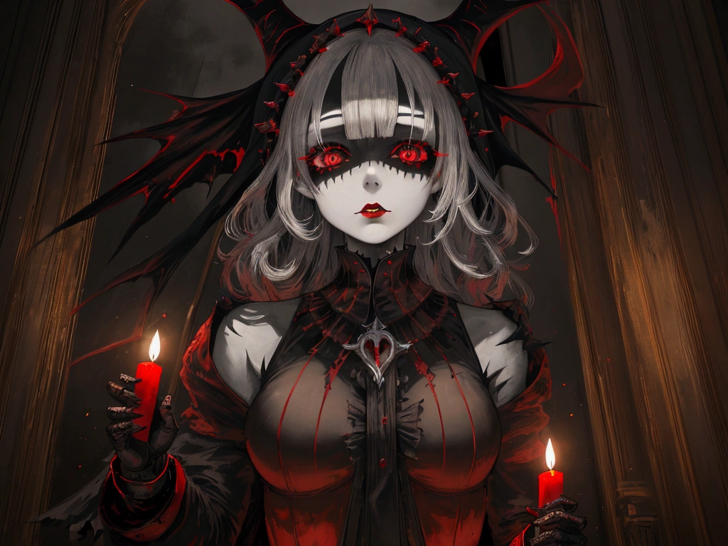 (Sexy Jamaican Gothic Devil Nun), dark, mysterious, Fascinating, Hauntingly beautiful, (Detailed facial features, Brutal painting, Sharp Eye, dark red lips), Tattered flowing robes, Reverse Cross Necklace, Sensual, Fascinatingポーズ, (Candlelight background, Ominous atmosphere), (Highest quality, High resolution, Very detailed), (Gothic art, oil, dark fantasy), (Dramatic lighting, Shadow, Mysterious glow), (black and red color scheme, Strong contrast), (Beautifully constructed, Intricate details), (Evokes a sense of desire and forbidden attraction).