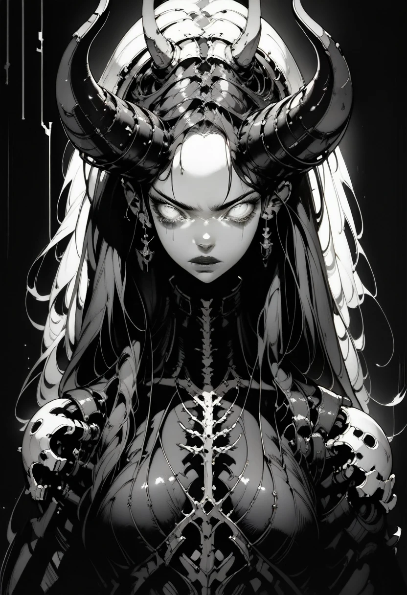 (masterpiece:1.2), best quality, masterpiece, highres, original, extremely detailed wallpaper, perfect lighting, biomechanical demonic creature, crouched, with long, thin limbs, curved and sharp horns, elongated tail, threatening posture, metal skeleton fused with flesh, sharp claws, (((black and white))), Alone, glare, Bright eyes that emit dim light in a dark environment, cables and technological components fused into his body, dark shadow, apocalyptic atmosphere, extreme details in the contrast between the organic and the mechanical, skin torn revealing metal underneath, dark background with flashes of chaos