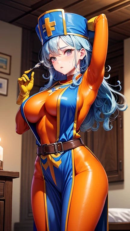 masterpiece, Highest quality, (Unreal Engine), reality:1.5, Super Resolution,  Very detailed, Complex, colorful, Clear images, Sharp focus, Digital Blending,  

Beautiful woman, Dragon Quest Female Monk, long sky blue hair, Blue priest hat, ((Orange bodysuit)), friend, ((Tabard)), Elbow-length gloves, Vivid expression, Healthy Body, Beautifully detailed sweat glands, Smooth skin texture, Carefully drawn, 

(humidity:1.5), (Lewd Scent:1.5), Beautiful Eyes, (Attractive face:1.2), (Beautiful Skin), Tight waist, (Big Breasts), Round Breasts, (Sticky with sweat), Irresistibly sexy pose, 

In the world of Dragon Quest, ((In a room filled with the smoke of aphrodisiac incense)), (Shot with Sony α7, Dynamic Angle),