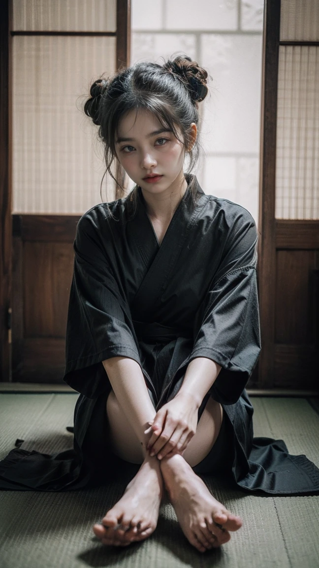 Create a highly detailed digital painting of a diminutive young woman, messy black hair, Sitting cross-legged in a traditional Japanese wooden house, Full body tattoos, legs folded, Showcasing a combination of traditional and modern design. She was wearing a deep-collared striped kimono。, Partially revealing her tattoos. Her expression was calm and focused., slight blush on cheeks. wooden interior, Soft natural light shines through the shoji screen, Adds an atmosphere of tranquility and contemplation.