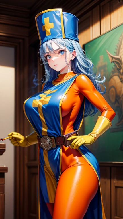 masterpiece, Highest quality, (Unreal Engine), reality:1.5, Super Resolution,  Very detailed, Complex, colorful, Clear images, Sharp focus, Digital Blending,  

Beautiful woman, Dragon Quest Female Monk, long sky blue hair, Blue priest hat, ((Orange bodysuit)), friend, ((Tabard)), Elbow-length gloves, Vivid expression, Healthy Body, Beautifully detailed sweat glands, Smooth skin texture, Carefully drawn, 

(humidity:1.2), (Lewd Scent:1.5), Beautiful Eyes, (Attractive face:1.2), (Beautiful Skin), Tight waist, (Big Breasts), Round Breasts, (Sticky with sweat), Irresistibly sexy pose, 

In the world of Dragon Quest, ((In a room filled with the smoke of aphrodisiac incense)), ((Hasselblad Photos), Dynamic Angle),