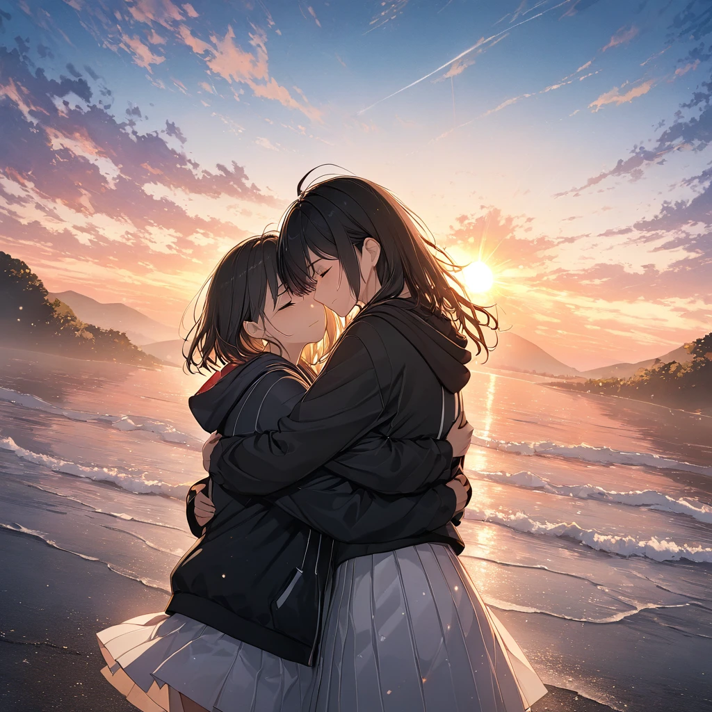 anime、((Amazingly absurd)),(masterpiece:1.2),超High resolution, Attention to detail, high quality, High resolution, 最high quality, 4K, 8k、Two women hugging,With tears,The light reflects off the tears,Are crying,Hug,Black Hair,Black hoodie,White Skirt,The sun rising behind them,best scene,There is hope,Crossed Light,dawn,dawn,Side angle,View from afar