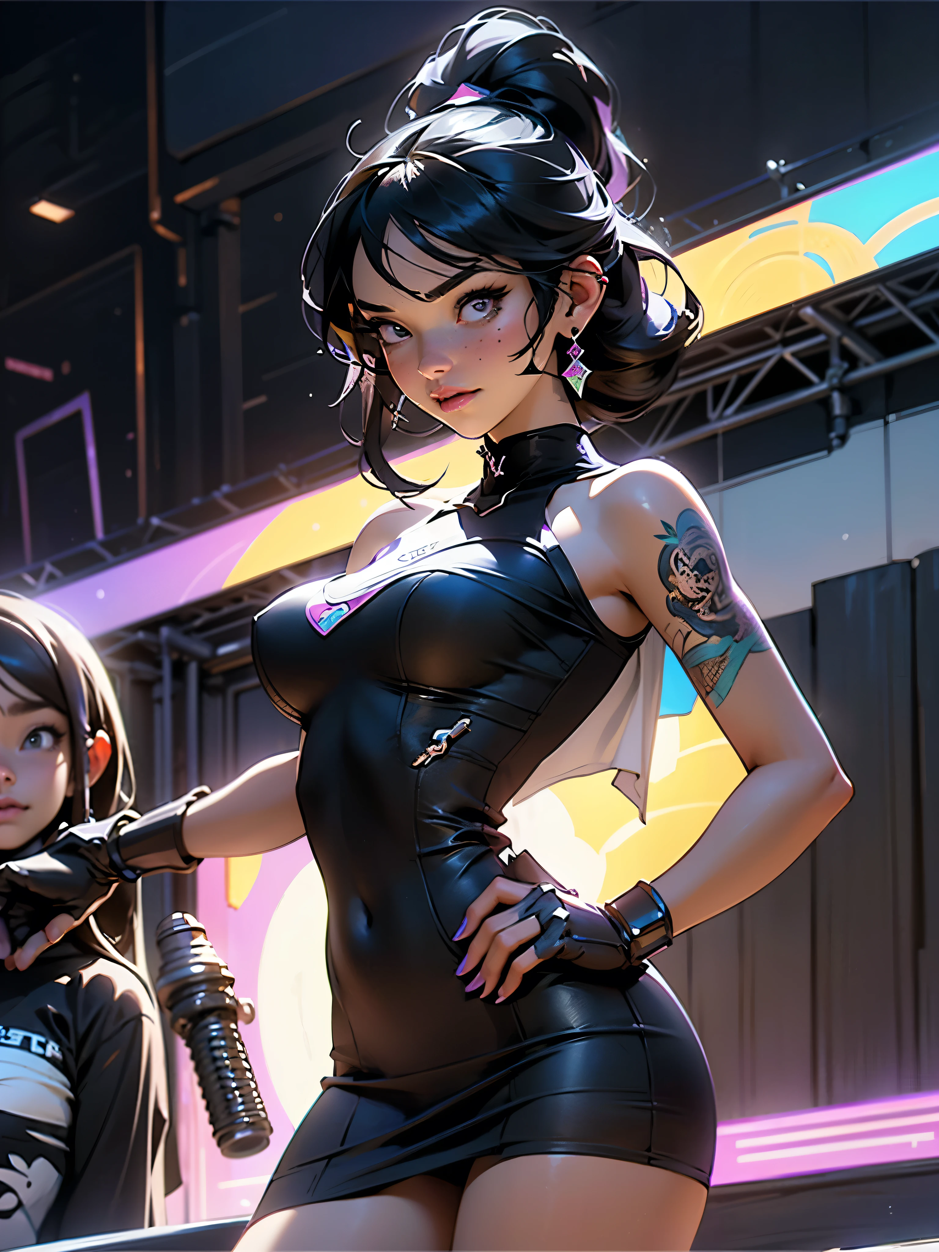 highly detailed portrait of 2 tattooed women, a black woman in a mini dress and a caucasian woman in a mini dress, 2 little girls, por Atey Ghailan, por Greg Rutkowski, by greg tocchini, por James Gillard, por Joe Fenton, by Kaethe Butcher, voluptuous, super detailed face, wide curvy, highly detailed accentuated big ass with phenomenal detailed butt cheeks, great aesthetics, purple gradient, neon color scheme, grunge aesthetic, nightclub background, cinematic lighting, 32 mil, ultra HD, with--9:16
