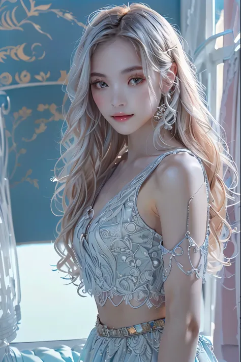 Long Wavy Hair, Intricately designed sleeveless top with intricate embroidery, matching skirt, Silver Arm Accessories, Relaxed pose, Smooth Skin, Soft natural light, Light from the right, Calm and elegant atmosphere, Side view, Shallow depth of field, Balanced Exposure.