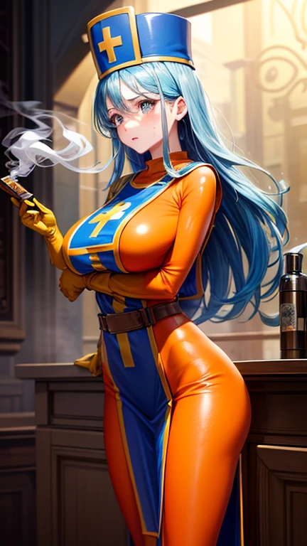 masterpiece, Highest quality, (Unreal Engine), reality:1.8, Super Resolution,  Very detailed, Complex, colorful, Clear images, Sharp focus, Digital Blending,  

Beautiful woman, Dragon Quest Female Monk, long sky blue hair, Blue priest hat, ((Orange bodysuit)), friend, ((Tabard)), Elbow-length gloves, Vivid expression, Healthy Body, Beautifully detailed sweat glands, Smooth skin texture, Carefully drawn, 

(humidity:1.2), (Lewd Scent:1.5), Beautiful Eyes, (Attractive face:1.2), (Beautiful Skin), Tight waist, (Big Breasts), Round Breasts, (Sticky with sweat), Irresistibly sexy pose, 

In the world of Dragon Quest, ((In a room filled with the smoke of aphrodisiac incense)), ((Hasselblad Photos), Dynamic Angle),