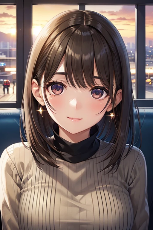 anegasaki nene、Shiny brown hair, short hair, (Beautiful brown eyes、Sparkling eyes, Fine grain)、smile、Ultra-detailed eyes、Highly detailed face, Highly detailed eyes,Cowboy Shot、



1 Female、Early 20s、Super beautiful face、standing、Black ribbed knit、(Airport in the evening:1.1)、Large window at departure gate、(Sunset view from background window)、Shallow depth of field