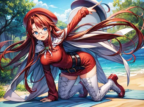 summonnightaty, aty, (young:1.3),long hair, blue eyes, red hair, big_tits, hat, glasses,
BREAK long hair, thighhighs, hat, dress, naked_legs, glasses, belt, cape, sweater, zettai ryouiki, beret, thigh boots, white footwear, ribbed sweater, loose belt,solo,
BREAK outdoors, fantasy,on_beach,
,Highquality_hads,perfect_fingers,
BREAK (masterpiece:1.2), best quality, high resolution, unity 8k wallpaper, (illustration:0.8), (beautiful detailed eyes:1.6), extremely detailed face, perfect lighting, extremely detailed CG, (perfect hands, perfect anatomy),(covered_nipples:0.8),covered_navel ,half_eyes,long_sword,sleepy_eyes,red_sweater,apart_knees,spread_legs, book,have_a_book,teacher,rise_knee,Smile,open_arms,beach_landscape,,plump,open_mouth,solokneeling, slouch,