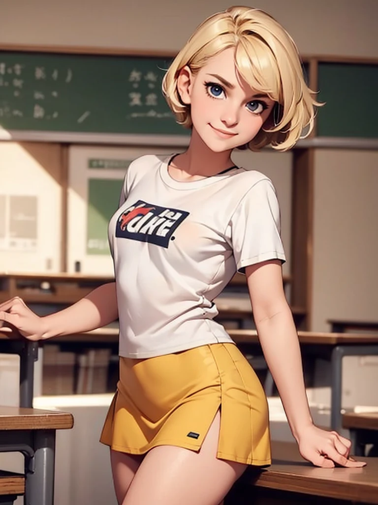 ((masterpiece, best quality)), a woman in a t shirt , front，Blonde short hair，t-shirt，Short skirt，Gentle smile，Become a，。In classrooms。