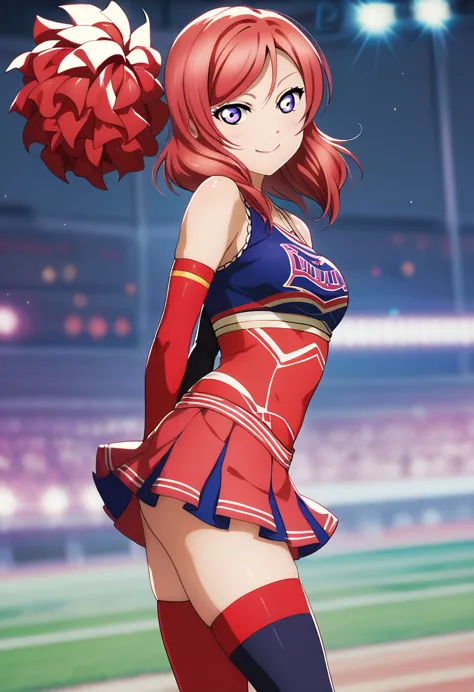 masterpiece, best quality, nishikino maki,red hair, medium hair, purple eyes , cheerleader ,tank top, skirt, elbow gloves, misma...